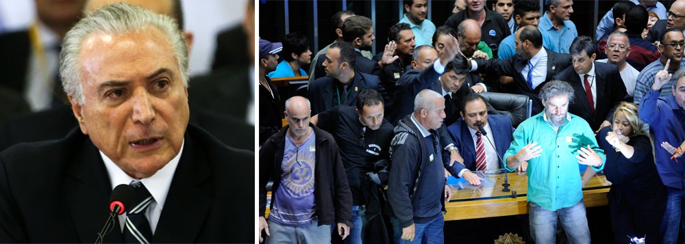 O presidente Michel Temer criticou a invasão do plenário da Câmara dos Deputados ocorrida na tarde desta quarta (16) e disse que atitudes como essa devem ser "combatidas à luz da lei, em defesa da garantia de integridade de cada uma das instituições de Estado"; por meio do porta-voz da Presidência, Alexandre Parola, Temer disse que a entrada dos cerca de 50 manifestantes no local representa uma "afronta" à Câmara, instituição que representa a "soberania popular"
 