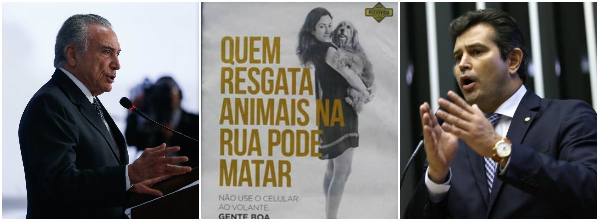 "Quem vê um cartaz com a foto de uma jovem bonita abraçada a um belo cachorro e o título em letras garrafais 'Quem resgata animais na rua pode matar' imagina o que? Que é uma piada; Porque só um mentecapto associaria, a sério, a boa ação de salvar animais com algum tipo de crime", afirma o colunista Alex Solnik sobre a polêmica campanha de trânsito; "O ministro dos Transportes, Mauricio Quintella, que aprovou essa sandice, ganhou o cargo porque foi o primeiro deputado do PR a embarcar na canoa do impeachment e não por ter qualquer intimidade com o tema. Quem pariu Quintella que o embale", diz ele; nesta tarde, o ministro anunciou que irá retirar a propaganda