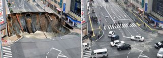 Buraco de 30 metros de largura, que se abriu em uma avenida de Fukuoka, foi consertado em apenas dois dias; nas redes sociais, usuários lembraram do caso da cratera da linha 4-Amarela do Metrô de São Paulo ou do estádio do Maracanã, aberto para a realização da cerimônia das Paralimpíadas