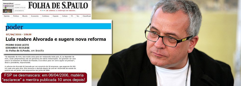 Matéria publicada dez anos atrás pelo mesmo jornal esclarece o episódio divulgado ontem como denúncia; à época, o então presidente Lula pediu a ajuda de 20 empresas para restaurar o Palácio do Alvorada, reforma que custou R$ 18,4 milhões; a Odebrecht sequer foi citada; "Nada houve de ilegal. Restauração de patrimônio público por empresas privadas, com o processo devido, tem até benefício, incentivo fiscal. Nesses casos, nem isso houve", comentou o jornalista e escritor Luiz Fernando Emediato