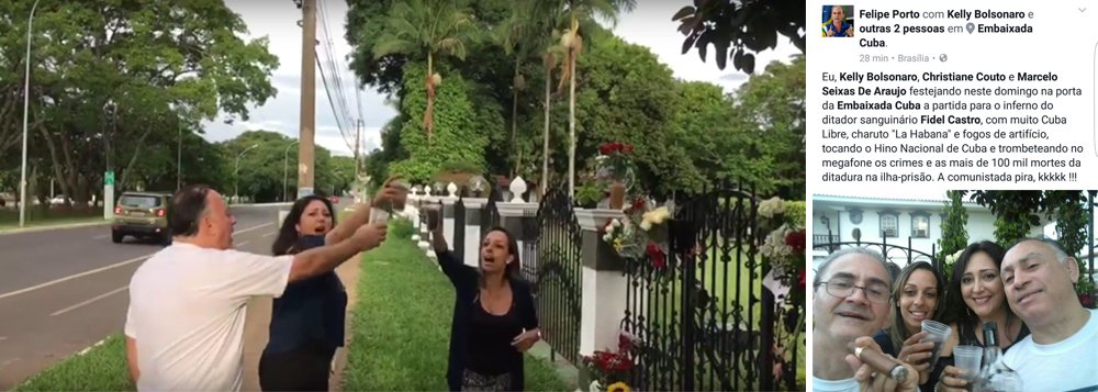 Felipe Porto, militante do MBL, postou numa rede social fotografia em que aparecem ele, Kelly Bolsonaro, Cristiane Couto e Marcelo Seixas de Araujo brindando à morte de Fidel na porta da Embaixada. Seu texto diz: “Eu, Kelly Bolsonaro, Criatiane Couto e Marcelo Seixas de Araujo festejando, neste domingo, na porta da Embaixada de Cuba a partida para o inferno do ditador sanguinário Fidel Castro, com muita Cuba Libre, charuto “La Habana”  e fogos de artifício, tocando o Hino Nacional de Cuba e trombeteando no microfone os crimes e as mais de 100 mil mortes da ditadura na ilha-prisão. A comunistada pira, kkkk...”; texto de Tereza Cruvinel