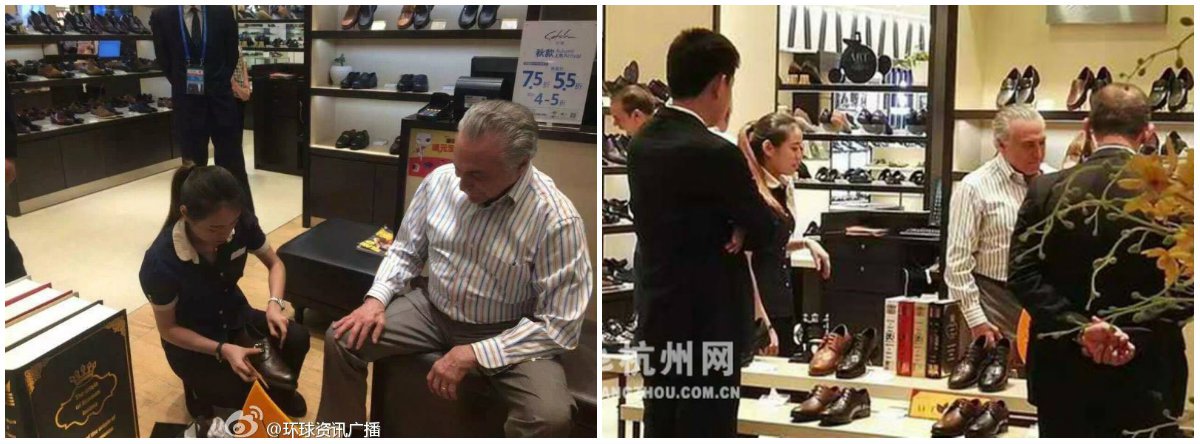 Colunista Alex Solnik observa que Michel Temer "não precisava ter ido à loja pessoalmente" comprar sapatos na China, "poderia ter pedido para mandarem sapatos ao seu hotel ou mandar um ajudante de ordens comprar para ele, se quisesse manter uma postura de estadista brasileiro"; "Mas não, ele fez questão de ir até lá e de ser fotografado comprando um par de sapatos por 400 reais, com o que deu uma sapatada de uma só vez na indústria e no comércio de calçados do país que preside", critica; "É possível supor que ele tenha se prestado a isso com a intenção de se 'humanizar', como quando foi à escola buscar o filho. No entanto, neste domingo ele ganhou mais uma porção de adeptos do 'Diretas Já'"