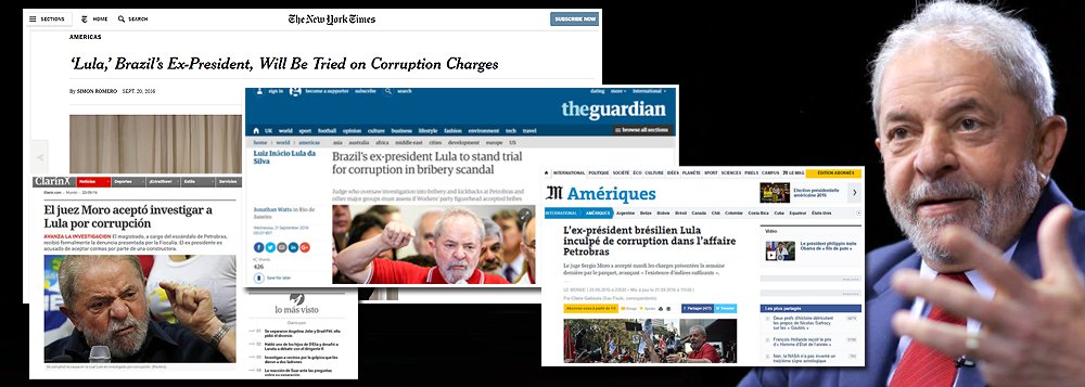 O britânico The Guardian afirmou que "o palco está montado para o julgamento mais carregado politicamente na história moderna do Brasil" ao noticiar a decisão do juiz Sérgio Moro de aceitar a denúncia do Ministério Público contra o ex-presidente; o New York Times, jornal mais influente do mundo, diz que a decisão ocorre "em meio a um debate nacional sobre se os promotores estão ultrapassando seus esforços para prendê-lo"; o argentino Clarín apontou "assombrosa rapidez" de Moro e o francês Le Monde disse que o magistrado aceitou as acusações "disposto a enfrentar a controvérsia de uma acusação fundada sob indícios frágeis, que pode gerar inquietação em muitos brasileiros"