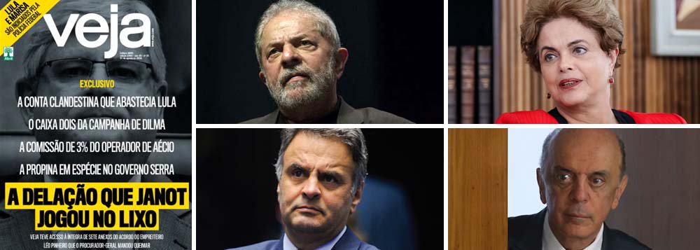 Colocada contra a parede depois da acusação vazia contra o ministro Dias Toffoli na semana passada, lida por setores do Ministério Público como uma armação para enterrar a Lava Jato após o golpe em parceria com o ministro Gilmar Mendes, a revista Veja agora acusa o procurador-geral da República, Rodrigo Janot, de ter se tornado um "engavetador-geral"; segundo a publicação, Janot mandou triturar uma delação que aponta 3% de propina para um operador de Aécio Neves (PSDB-MG), a propina em espécie de José Serra, o caixa dois de Dilma Rousseff e uma conta clandestina do ex-presidente Lula; e agora: o que fará Janot?