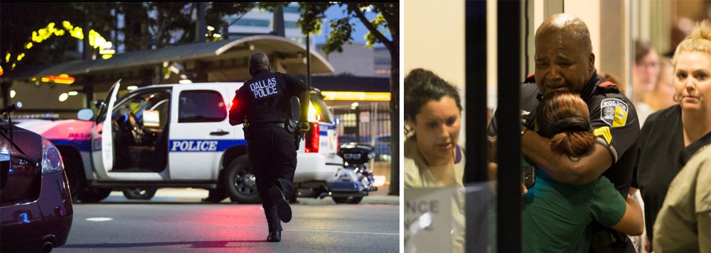 Franco-atiradores instalados em telhados mataram cinco policiais em Dallas e feriram mais seis em um ataque coordenado durante um dos diversos protestos espalhados pelo país após a morte de dois homens negros pela polícia nesta semana.; polícia descreveu a emboscada como cuidadosamente planejada e executada, três pessoas foram presas e um quatro suspeito foi morto a tiros; ataque foi um dos piores a tiros em massa contra policiais na história dos Estados Unidos
