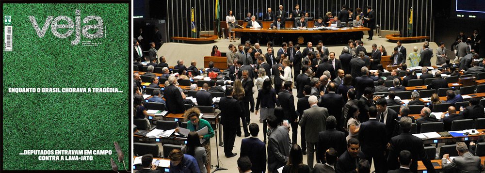 A nova edição da revista Veja, que chega às bancas neste final de semana, fala da manobra da maioria dos deputados federais brasileiros para barrar a continuidade da operação Lava Jato; "Enquanto o Brasil chorava a tragédia... deputados entraram em campo contra a Lava-Jato", diz a capa da publicação; para a Veja, o pacote anticorrupção, proposto pelo Ministério Público Federal, se tornou na Câmara em uma "maçaroca disforme que protege suspeitos de corrupção e amarra as mãos de quem quer pegá-los"; a revista ainda questiona a data escolhida para a votação da proposta, justamente no dia em que um acidente aéreo matou 71 pessoas, entre elas todo o time de futebol do Chapecoense, tragédia que comoveu o país