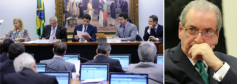 Deputados discursam contra e a favor do relatório do deputado Marcos Rogério (DEM-RO), que pede a cassação do presidente afastado da Câmara, Eduardo Cunha; documento deve ser votado ainda nesta terça-feira 7; a deputada Tia Eron (PRB-BA), que substituiu o primeiro relator do processo no conselho, Fausto Pinato (PP-SP), ainda não marcou presença na reunião; o voto dela poderá definir se o parecer será rejeitado ou não