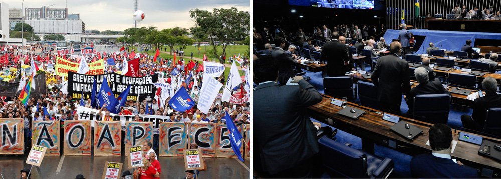 Prioridade do governo de Michel Temer, proposta congela os gastos públicos pelos próximos 20 anos; PEC foi aprovada em segundo turno no Senado nesta tarde com 53 votos favoráveis e 16 contrários, apesar do apelo das ruas para que a pauta não passasse; manifestantes foram às ruas nesta terça-feira 13 contra a "PEC do fim do mundo" em ao menos sete estados; segundo pesquisa Datafolha, 60% dos brasileiros são contrários à proposta; em seu discurso, o senador Lindbergh Farias (PT-RJ) lembrou que hoje completam-se 48 anos do AI-5 e diz que "esse é o AI-5 dos pobres"; "Hoje é um dia vergonhoso para o Senado Federal", disse; assista