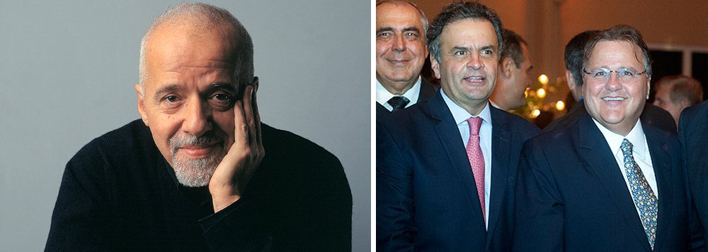 Escritor Paulo Coelho não poupou crítica ao presidente nacional do PSDB, senador Aécio Neves, que defendeu punição ao ex-ministro Marcelo Calero por denunciar o escândalo de corrupção envolvendo o presidente Michel Temer e seu ex-braço direito Gaddel Vieira Lima; "Aécio: medalha de ouro por PIOR declaração sobre o caso Geddel", escreveu Coelho
