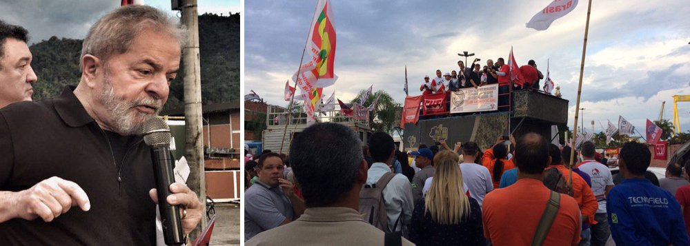 Em ato em defesa da indústria naval nesta manhã, no estaleiro Brasfels, em Angra dos Reis (RJ), ex-presidente pediu união dos trabalhadores contra o desemprego; "Não existe outro remédio: é preciso reagir enquanto é tempo. Não conheço nenhum momento da história que a gente ganhou alguma coisa abaixando a cabeça"; ele também criticou as novas políticas da Petrobras sob a gestão Temer; "Não podemos permitir que a Petrobras abra mão do conteúdo nacional. Se a direção da Petrobras resolver comprar navios e sondas fora, eles vão engordar os estrangeiros e vocês vão ficar desempregados", disse; Lula lembrou que "eles tiraram Dilma num golpe dizendo que o país ia melhorar. E faz 5 meses que só se ouve falar em crise"