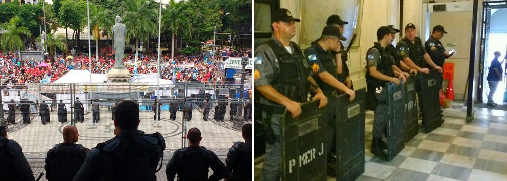 No primeiro dia de votação do pacote de medidas de austeridade contra a crise, que pode afetar diretamente os servidores públicos, manifestantes se reuniram e derrubaram as grades da Assembleia Legislativa do Rio de Janeiro; o governador do Rio, Luiz Fernando Pezão (PMDB), havia proposto a elevação para até 30% de contribuição dos servidores à Previdência, mas segundo o RJTV, teria desistido do projeto; também será votada a proposta de redução de salário do governador e de secretários estaduais