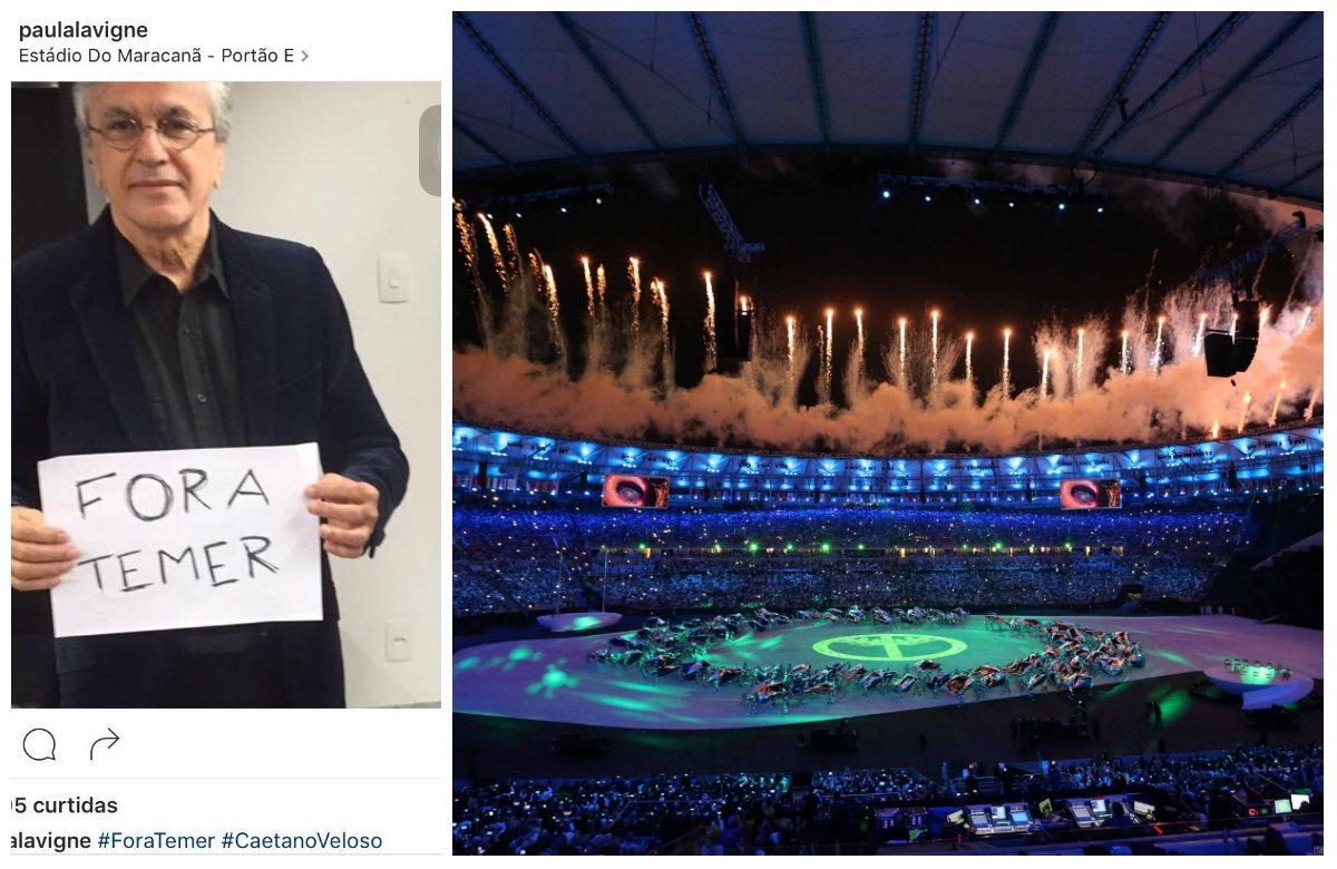 Antes de se apresentar na cerimônia de abertura da Rio 2016, o músico Caetano Veloso exibiu um cartaz com os dizeres Fora, Temer, que logo em seguida foi divulgado pelo Instagram de Paula Lavigne; Temer receber uma vaia de 105 decibéis ao falar durante 10 segundos apenas
