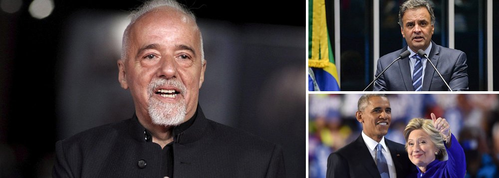 "Nos EUA, Clinton/Obama pedem que seus eleitores apoiem Trump. No Brasil, Aecio, já no dia seguinte - bem, vocês sabem...", comentou o escritor no Twitter, depois dos discursos feitos pelos derrotados nas eleições norte-americanas Hillary Clinton e Barack Obama; em sua fala, Hillary declarou: "Devemos aceitar o resultado e olhar para o futuro"; já Obama disse que "estamos todos torcendo agora para seu sucesso (de Trump) em unir e liderar o país"; um dia depois de ser derrotado por Dilma Rousseff em 2014, o senador Aécio Neves fez o oposto, contestando o resultado na Justiça Eleitoral e atirando o Brasil na maior crise de sua história