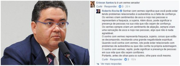 O senador Roberto Rocha (PSB) fez uma defesa ao posicionamento da Mesa Diretora do Senado, que decidiu aguardar a decisão do plenário do STF antes de cumprir uma medida cautelar expedida pelo ministro Marco Aurélio Mello, que afastava o senador Renan Calheiros (PMDB-AL) da presidência; Rocha questionou as pessoas que consideram a medida um golpe, fazendo uma comparação com a queda da presidente Dilma; "Golpe? O processo de impeachment atravessou todo o rito processual, com votações nas duas casas legislativas e amplo direito de defesa", disse; um internauta o chamou o socialista de "verme"