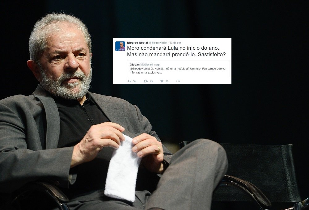 Os advogados do ex-presidente Lula protocolaram interpelação judicial contra o jornalista Ricardo Noblat, por uma publicação feita por ele no Twitter; segundo o jornalista de O Globo, o juiz Sérgio Moro "condenará Lula no início do ano"; "Mas não mandará prendê-lo", completou; na ação, os advogados Cristiano Zanin Martins e Valeska Teixeira Martins pedem a Noblat para confirmar a autoria das declarações publicadas no Twitter e, ainda, para que explique se efetivamente as publicações se baseiam em juízo de valor do próprio jornalista ou se houve contato com Moro ou com algum documento; no Twitter, Noblat ainda disse que a prisão de Lula "ficará para quando ele for julgado em segunda instância"