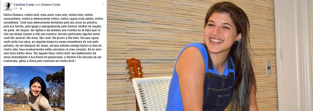 Carolina Costa publicou, nas redes sociais, uma homenagem a sua irmã, Mariana Costa, a quem chama de “meu amor, minha líder, caçula mais adulta, minha conselheira”; Mariana foi encontrada nesta segunda-feira (14), pelas filhas de 11 e 9 anos, morta com sinais de asfixia em seu apartamento; ela foi assassinada pelo cunhado, Lucas Porto, que está preso e confessou o crime; ambas são sobrinhas do ex-presidente e ex-senador, José Sarney