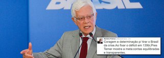 "Coragem e determinação para tirar o Brasil da crise. Ao fixar o déficit em 139 bi, Pres Temer mostra a meta: contas equilibradas e transparentes", postou no Twitter o braço direito do presidente interino e secretário executivo do Programa de Parcerias de Investimentos (PPI); rombo anunciado pela equipe de Michel Temer para esse ano foi de R$ 170 bilhões, mais de R$ 70 bilhões do que havia sido anunciado pelo governo Dilma; Temer gastou R$ 125 bilhões em pacote de bondades