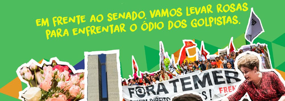 Organização que reúne sindicatos e movimento sociais realiza nesta segunda-feira (29) uma manifestação de apoio à presidente afastada Dilma Rousseff (PT), que vai pessoalmente ao Senado defender-se das acusações de crime de responsabilidade e denunciar o golpe; protesto pacífico prevê a entrega de “rosas para enfrentar o ódio dos golpistas”; ato acontece em frente ao Congresso Nacional, em Brasília, a partir das 8 horas