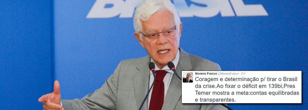 "Coragem e determinação para tirar o Brasil da crise. Ao fixar o déficit em 139 bi, Pres Temer mostra a meta: contas equilibradas e transparentes", postou no Twitter o braço direito do presidente interino e secretário executivo do Programa de Parcerias de Investimentos (PPI); rombo anunciado pela equipe de Michel Temer para esse ano foi de R$ 170 bilhões, mais de R$ 70 bilhões do que havia sido anunciado pelo governo Dilma; Temer gastou R$ 125 bilhões em pacote de bondades