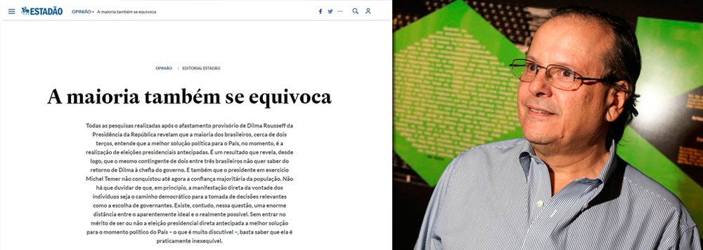 Depois da desmoralização do Datafolha e da divulgação de levantamentos de opinião pública, como o do Paraná Pesquisa, que revelam que 62% dos brasileiros querem novas eleições, o jornal Estado de S. Paulo ultrapassou todos os limites do golpismo, no editorial "A maioria também se equivoca"; segundo o jornal comandado por Francisco Mesquita, Temer não conquistou a confiança da população, mas mesmo assim deve continuar – talvez porque seja este o desejo da família Mesquita; ou seja: que seja feita a vontade da minoria