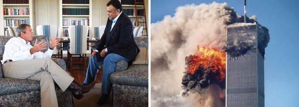 Documentos praticamente confirmam a tese do cineasta Michael Moore, que, no filme Fahrenheit 9/11, apontou os vínculos entre os terroristas da Al Qaeda e os sauditas, grandes aliados dos Estados Unidos; documento de 28 páginas revela que sequestradores dos aviões mantiveram contato com um telefone de uma residência no Colorado do príncipe Bandar bin Sultan, o embaixador saudita em Washington, que aparece numa foto íntima com o então presidente George W. Bush; Bush usou o 11 de setembro para invadir o Iraque