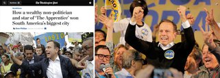 Jornal norte-americano The Washington Post traz uma matéria com o perfil do prefeito eleito de São Paulo, João Doria Jr (PSDB); reportagem compara Doria ao candidato republicano a presidente dos Estados Unidos, Donald Trump; "Não, não é Trump. É João Doria"; jornal destaca que o tucano "é um rico empresário que se tornou famoso como a estrela da série de TV "The Apprentice", foi eleito com o slogan "eu não sou um político, sou um homem de negócios"; "Doria derrotou Fernando Haddad, um ex-ministro com formação acadêmica e do Partido dos Trabalhadores, que governou o Brasil por 13 anos", destaca o texto