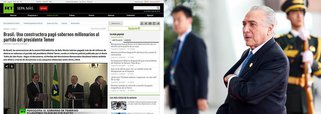 "Brasil: Uma construtora pagou subornos milionários ao partido do presidente Temer", diz a manchete principal do site em espanhol da agência RT de notícias