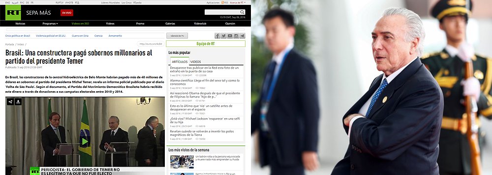 "Brasil: Uma construtora pagou subornos milionários ao partido do presidente Temer", diz a manchete principal do site em espanhol da agência RT de notícias