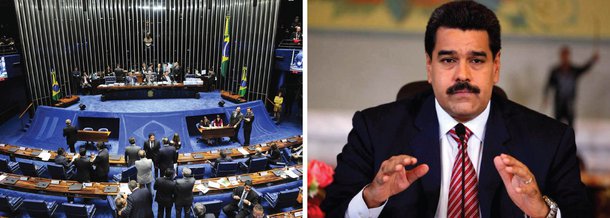 Comissão de Relações Exteriores do Senado aprovou na semana passada voto de repúdio diante da possibilidade de a presidência temporária do Mercosul ser transmitida a Venezuela; como a posição não é consenso, o plenário pode votar a manifestação nesta semana; ministro das Relações Exteriores, José Serra, tem criticado o governo de Nicolás Maduro, dizendo que não existe democracia no país, referindo-se aos opositores detidos, considerados "presos políticos"; senadora Gleisi Hoffmann (PT-PR) criticou a posição do ministro. "Pela primeira vez, nossos países passaram a se enxergar como aliados, como sócios. Nossas nações passaram a se ver como parceiras de um destino comum: a integração, que nos levaria à prosperidade conjunta e à inserção soberana no cenário mundial", disse