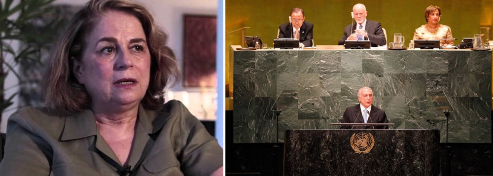 "Papelão da imprensa ignorar. Até na ditadura jornais davam um jeitinho de falar. Agora, dão um jeito para não falar", critica a jornalista Hildegard Angel, sobre o pouco destaque dado pela imprensa à notícia de que delegações de seis países levantaram e deixaram o local da Assembleia Geral das Nações Unidas no momento da fala de Michel Temer