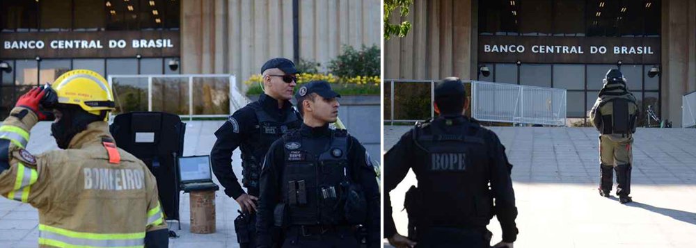 Mochila deixada na rampa de acesso ao Banco Central (BC), em Brasília, mobiliza a Polícia Militar e o Corpo de Bombeiros.; local foi isolado para análise do material e as forças de segurança verificam se há bomba dentro da mochila para decidir se vai explodir o material, primeiro e segundo andares da instituição foram evacuados
