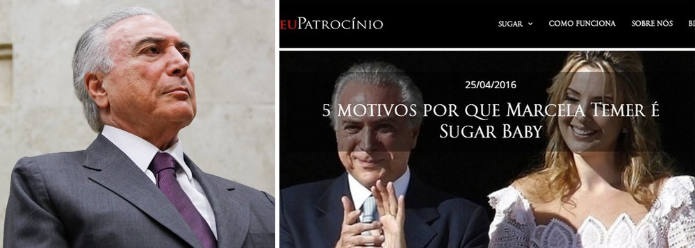 O Palácio do Planalto vai processar o "Meu patrocínio", um site de relacionamento que une mulheres jovens e bonitas com homens ricos e mais velhos; a página cita cinco motivos por que a primeira-dama Marcela Temer é uma "sugar baby", gíria em inglês para definir a mulher jovem que se casou com um homem mais velho e rico — um sugar daddy; a página sobre Marcela Temer não está mais no ar