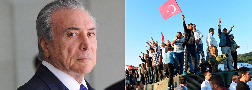 "O povo na rua derruba até golpe militar. Esta é a principal lição dos acontecimentos das últimas horas na Turquia", escreve o jornalista Paulo Nogueira, do Diário do Centro do Mundo; "Ficou bizarra a situação do governo Temer diante do golpe na Turquia. Como Temer poderia, por exemplo, pedir respeito à democracia na Turquia, como tantos líderes mundiais, se não a respeitou no Brasil?", questiona