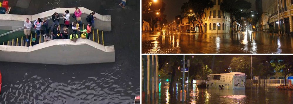 As fortes chuvas que caíram na madrugada desta terça-feira (20) no Rio de Janeiro deixaram várias ruas alagadas. Na manhã de hoje, há vários pontos de alagamento, principalmente na zonas norte e central da cidade; a cidade do Rio de Janeiro está em estado de atenção, o estágio mediano de uma escala de três (o pior é o estágio de crise e o normal é o de normalidade) e significa possibilidade de chuva moderada nas próximas horas