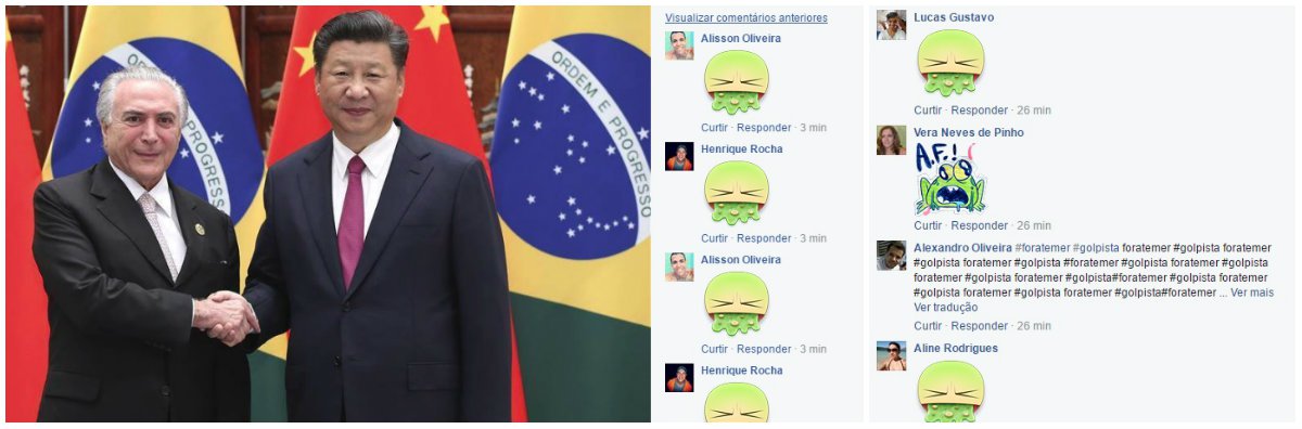 Foto do presidente chinês, Xi Jinping, com Michel Temer já tem mais de 100 mil comentários; quase todos com protestos contra o golpe