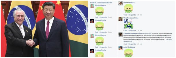 Foto do presidente chinês, Xi Jinping, com Michel Temer já tem mais de 100 mil comentários; quase todos com protestos contra o golpe