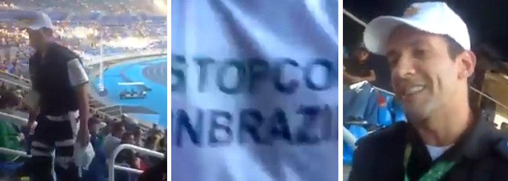 Torcedora que protestava por Fora Temer recebe ordem no estádio de Brasília para não erguer faixas contra o governo interino; ela também vestia uma camiseta #ForaTemer durante jogo da Olimpíada nesta quinta-feira; policial diz que se ele visse protestos e não fizesse nada, estararia cometendo crime de prevaricação; assista
