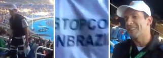 Torcedora que protestava por Fora Temer recebe ordem no estádio de Brasília para não erguer faixas contra o governo interino; ela também vestia uma camiseta #ForaTemer durante jogo da Olimpíada nesta quinta-feira; policial diz que se ele visse protestos e não fizesse nada, estararia cometendo crime de prevaricação; assista