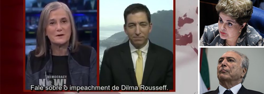 Em entrevista ao canal independente Democracy Now, dos Estados Unidos, o jornalista Green Greenwald, do The Intercept, destacou as diferenças no comportamento da presidente Dilma Rousseff de "enfrentar seus algozes" no Senado para se defender, pessoalmente, no processo de impeachment, e de Michel Temer, que quebrou o protocolo ao pedir para que seu nome não fosse anunciado na cerimônia de abertura da Olimpíada e ainda não compareceu na festa de encerramento do evento; assista