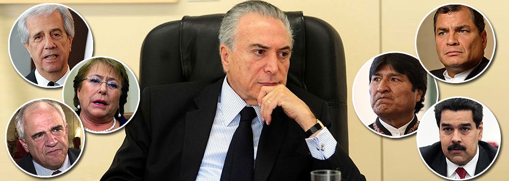 De líder natural do continente, o Brasil começa a se tornar um pária entre seus próprios vizinhos, desde o golpe parlamentar de 2016, que afastou a presidente do cargo e permitiu a ascensão de Michel Temer sem que tenha havido crime de responsabilidade; em nota, o governo do Uruguai, de Tabaré Vazquez, condenou a "profunda injustiça"; o Chile, de Michele Bachelet, manifestou apreço por Dilma, sem citar Temer, em seu comunicado; mais radicais, o Equador, de Rafael Correa, a Venezuela, de Nicolas Maduro, e a Bolívia, de Evo Moraes, retiraram seus embaixadores; a Unasul, liderada por Ernesto Samper, deve convocar reunião extraordinária; com Temer, Brasil só tem o apoio do Paraguai, que passou por golpe semelhante, e da Argentina