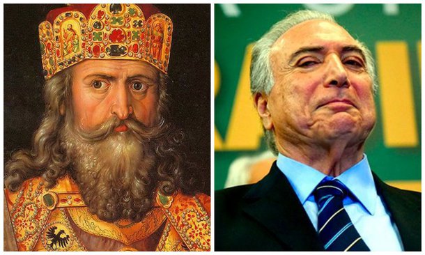 "Eu me sinto aqui como Carlos Magno", disse Michel Temer, em sua entrevista ao Globo; "Temer deu um tremendo fora – ou melhor, três – ao se comparar ao primeiro imperador romano. Primeiro, por se comparar a um imperador, dando a entender que chegou ao poder sem votos; segundo, por se comparar a um imperador que usurpou o trono de seu irmão; terceiro, por se comparar a um imperador golpista", comenta o colunista Alex Solnik; "Se Temer não quer ser chamado de golpista por que insiste em estabelecer conexões com o tema, confessando agora admirar um imperador sem escrúpulos?"