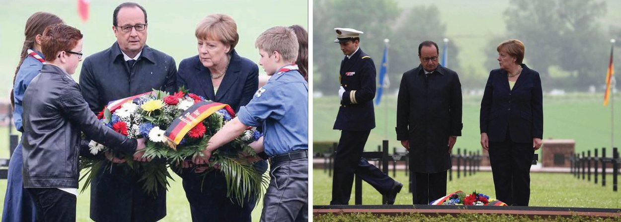 Chanceler alemã Angela Merkel e o presidente francês, François Hollande, participaram de cerimônia conjunta para marcar o aniversário de 100 anos da Batalha de Verdun, ao colocar uma coroa de flores em um cemitério no nordeste da França para os 300.000 soldados mortos em uma das batalhas mais sangrentas da história