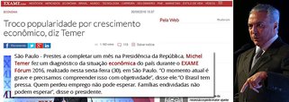 Ao abrir um fórum de economia da revista Exame, da Editora Abril, o presidente Michel Temer, que está no poder há quase cinco meses, tentou construir a tese da herança maldita;  “Nós encontramos um país que acumula trimestres consecutivos de queda do PIB e com inflação crescente. Chegamos a quase 12 milhões de desempregados”, disse ele; “Não quero que falem que esses passivos são nossos”, disse Temer; a realidade, no entanto, comprova que, desde que assumiu, no dia 13 de maio, Temer piorou todos os indicadadores econômicos; para fugir de suas responsabilidades, ele conta com a imprensa amiga, como a própria Exame, que diz que ele está na presidência há apenas um mês