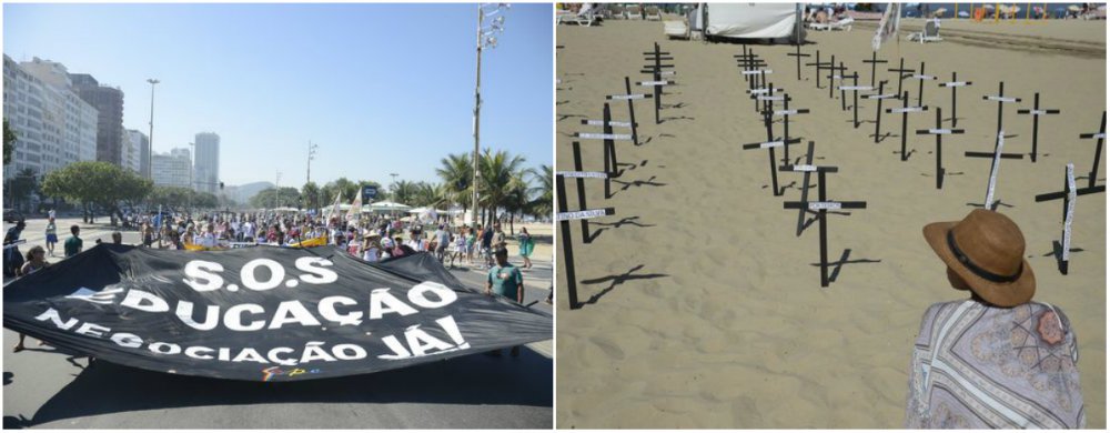 A Praia de Copacabana foi neste domingo (10) cenário para duas manifestações de servidores do estado do Rio de Janeiro; em frente ao Hotel Copacabana Palace, professores da rede estadual se reuniram para protestar contra a falta de reajustes, por atraso nos pagamentos de salários, entre outras demandas; em outro ponto da praia, familiares de policiais militares também cobraram pagamento de salários e gratificações em dia e lembraram agentes mortos em serviço