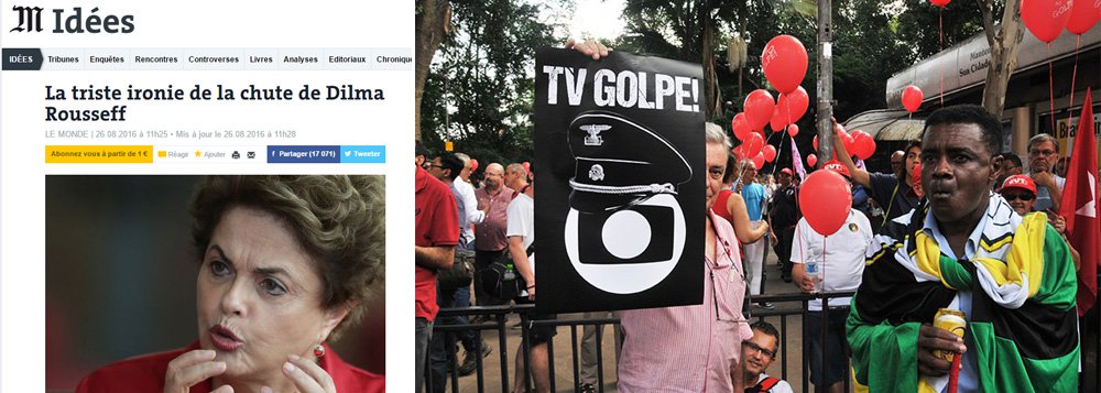 "Se esse não é um golpe de Estado, é no mínimo uma farsa. E as verdadeiras vítimas dessa tragicomédia política infelizmente são os brasileiros", diz editorial do jornal francês Le Monde, um dos mais influentes da Europa; "O homem que deu início ao processo de impeachment, Eduardo Cunha, ex-presidente da Câmara dos Deputados, é acusado de corrupção e de lavagem de dinheiro. A presidente do Brasil está sendo julgada por um Senado que tem um terço de seus representantes, segundo o site Congresso em Foco, como alvos de processos criminais", lembra ainda a publicação, que lembra o papel da Globo na desestabilização do Brasil