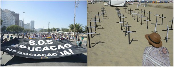 A Praia de Copacabana foi neste domingo (10) cenário para duas manifestações de servidores do estado do Rio de Janeiro; em frente ao Hotel Copacabana Palace, professores da rede estadual se reuniram para protestar contra a falta de reajustes, por atraso nos pagamentos de salários, entre outras demandas; em outro ponto da praia, familiares de policiais militares também cobraram pagamento de salários e gratificações em dia e lembraram agentes mortos em serviço