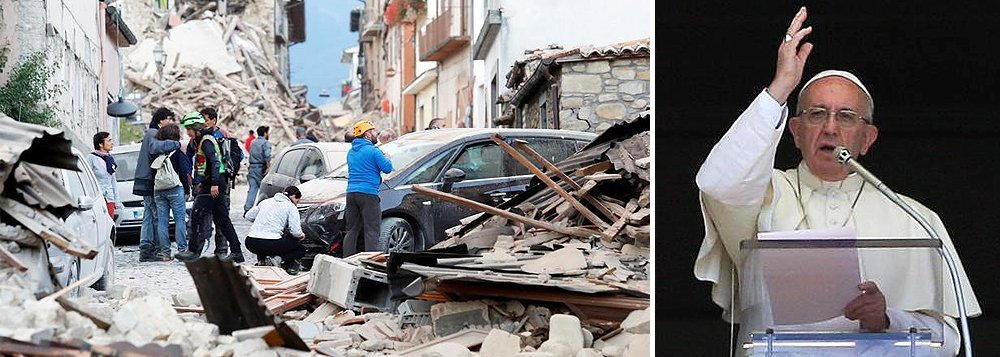 Papa Francisco manifestou "grande dor" pelo terremoto que "devastou zonas inteiras e deixou mortos e feridos" na região central da Itália; pontífice disse ter ficado "fortemente comovido" ao saber que a cidade de Amatrice foi destruída e que há crianças entre os mortos; Conferência Episcopal Italiana determinou a imediata destinação de 1 milhão de euros (R$ 3,66 milhões) para as operações de socorro nas áreas atingidas pelo terremoto