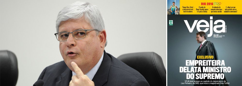 O procurador geral da República Rodrigo Janot reagiu nesta terça (23) à reportagem da revista Veja, que falou em suposta delação premiada do empreiteiro Léo Pinheiro, da OAS, na qual ele citaria o ministro Dias Toffoli, do Supremo Tribunal Federal (STF); “Trata-se de um fato que um meio de comunicação (Revista Veja) houve por bem publicar. Ou se trata de um fato que alguém vendeu como verdadeiro a esse meio de comunicação e isso escapa de minha possibilita de análise. Reafirmo que não houve nas negociações, pretensas negociações de colaboração dessa empreiteira nenhuma referência, em anexo nenhum, fato enviado ao Ministério Público envolvendo essa alta autoridade judiciária", disse o procurador