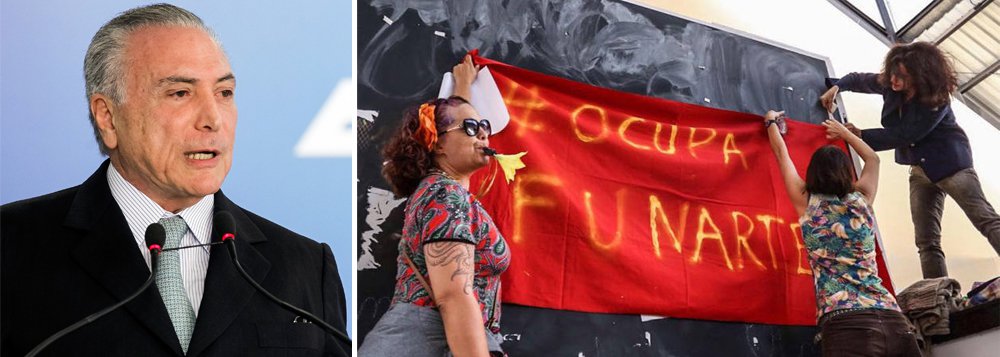 Nomes de peso no cenário artístico do país, como Bárbara Wagner, Beto Shwafaty, Lourival Cuquinha, Marcelo Cidade, Mônica Nador, Pablo Lobato, Thiago Martins de Melo e Virginia de Medeiros, planejam uma exposição seguida de um leilão na sede paulistana da Funarte, ocupada há um mês; o objetivo do evento é vender obras por até um quarto do preço praticado pelas galerias para financiar uma série de ações em protesto contra o que chamam de “golpe”, que afastou a presidente Dilma