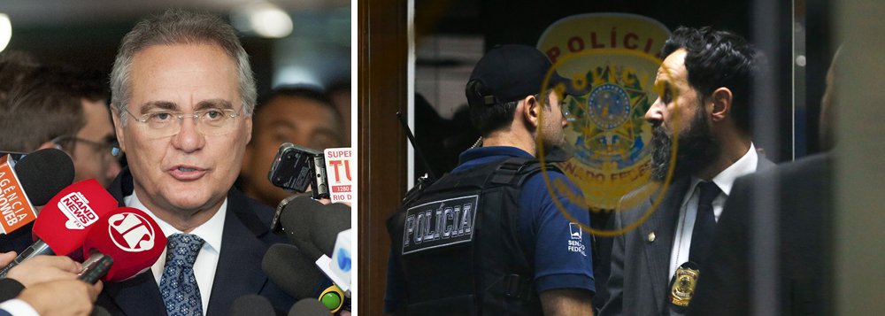 O presidente do Congresso Nacional, senador Renan Calheiros (PMDB-AL), reagiu duramente à batida policial ocorrida nesta manhã na instituição; "a Polícia Legislativa exerce suas atividades dentro do que preceitua a Constituição, as normas legais e o regulamento administrativo do Senado Federal", disse ele, lembrando que "atividades como varredura de escutas ambientais restringem-se a detecção de grampos ilegais"; "Valores absolutos e sagrados do estado democrático de direito, como a independência dos poderes, as garantias individuais e coletivas, liberdade de expressão e a presunção da inocência precisam ser reiterados", lembrou ainda o senador